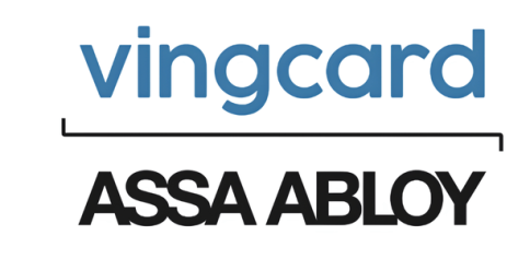 Logo for Vingcard Assa Abloy with "vingard" above a line in a light blue color and "assa abloy" below the line in black